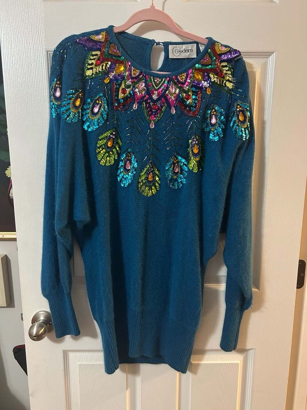 Cedars Vintage Peacock Beaded Sequin Sweater Size M Blue